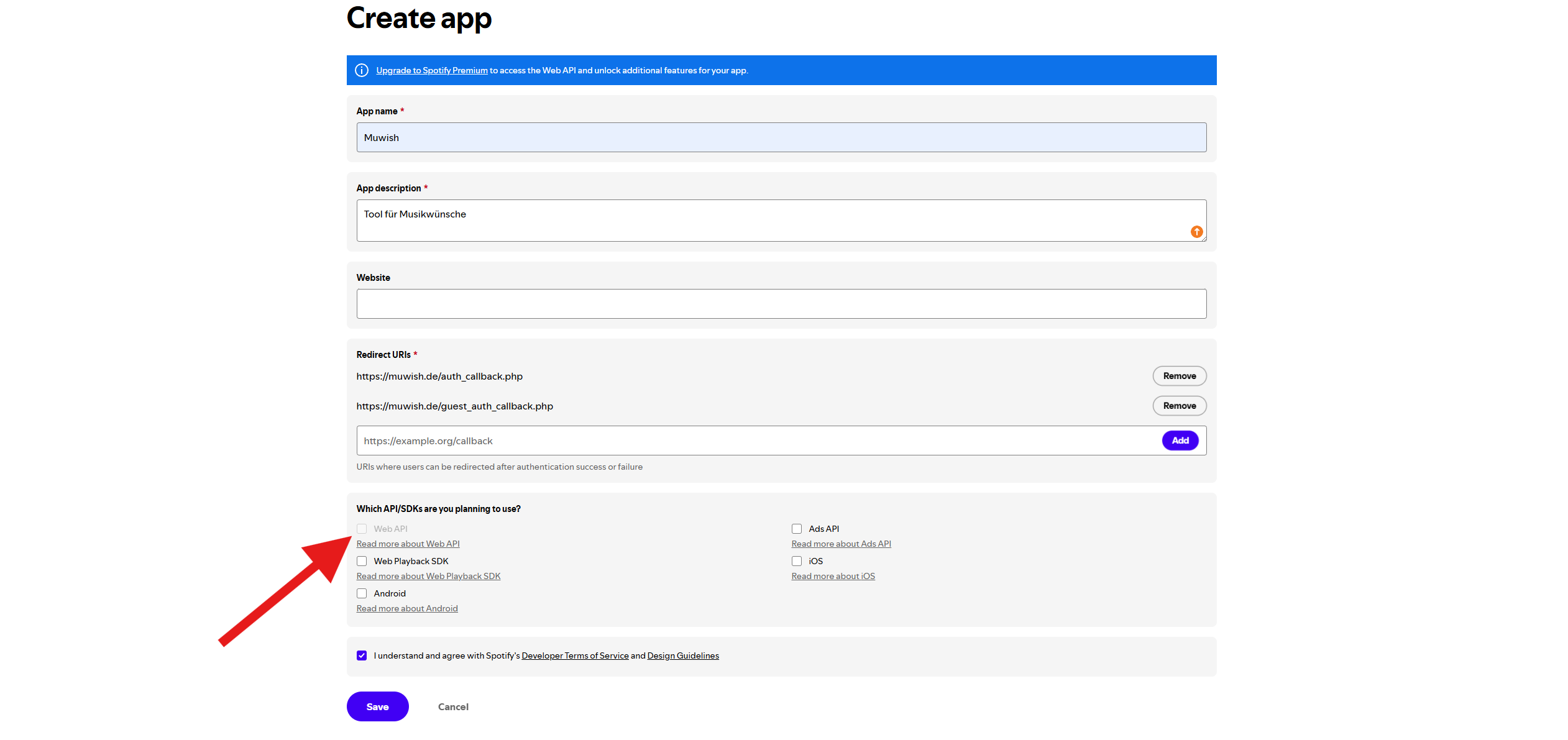 Spotify Create-app-Formular mit Redirect URI und Web API